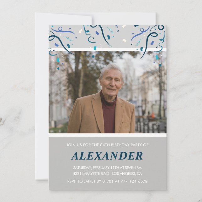 Photo Grey for him Confetti 84th birthday Invitation (Front)