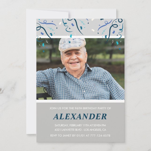 Photo Grey for him Confetti 96th birthday Invitation (Front)