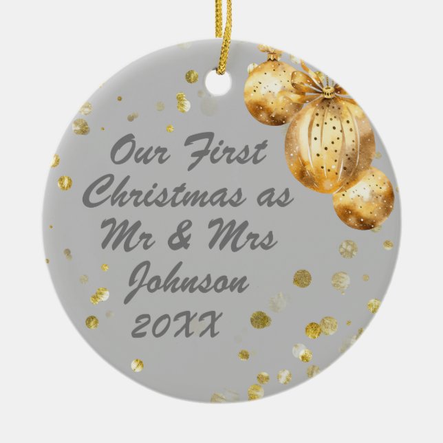 Photo Grey Gold First Christmas Mr Mrs Ceramic Tree Decoration (Front)