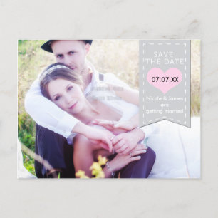 PHOTO Grey & Pink Banner SAVE THE DATE Postcard