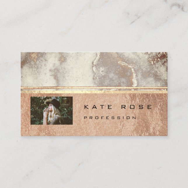 Photo Grey Stripes Marble Rose Gold Makeup Copper Business Card (Front)