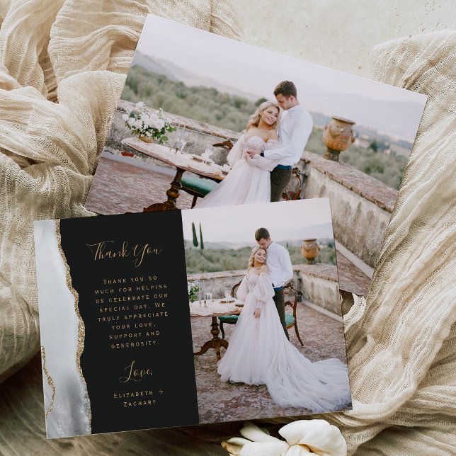 Photo Grey White Agate Gold Script Wedding Thank You Card (Creator Uploaded)
