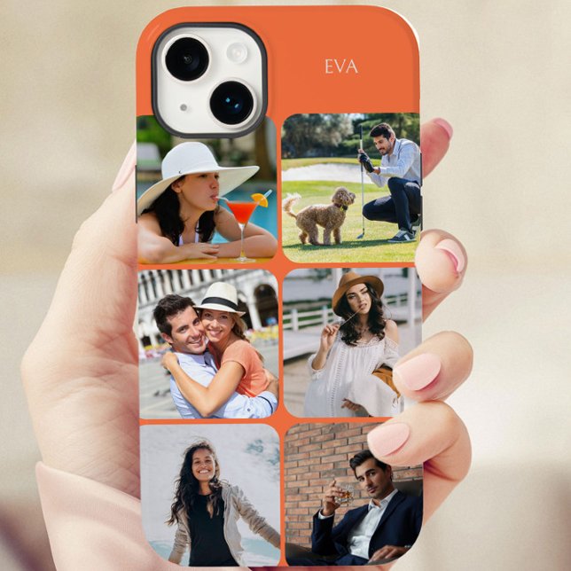 Photo Grid 6 Pictures Name or Initials Orange Case-Mate iPhone Case (Orange personalized iphone case with 6 picture photo collage by Darling & May)