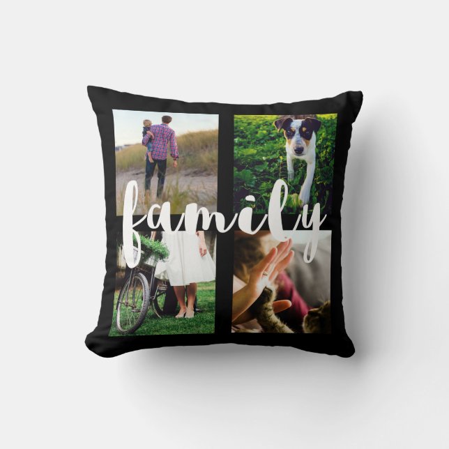 Photo Grid in Black with White Family Typography Cushion (Front)
