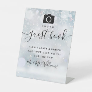 Photo Guest Book Black Signature Script Winter Pedestal Sign