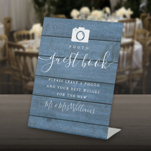 Photo Guest Book Blue Rustic Wood Signature Script Pedestal Sign