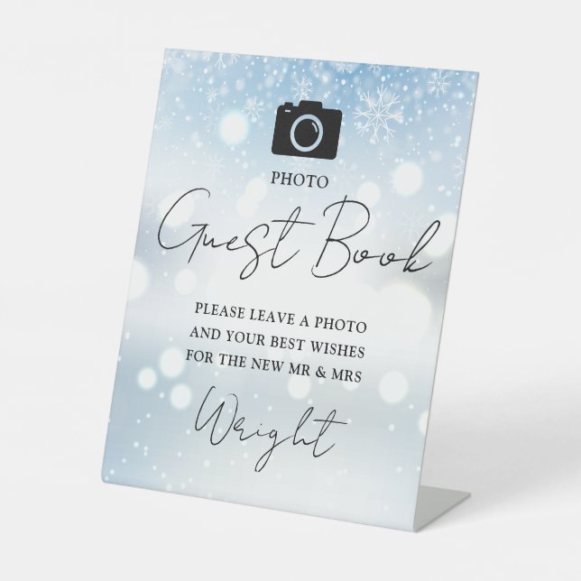 Photo Guest Book Chic Script Winter Wedding Pedestal Sign (Front)