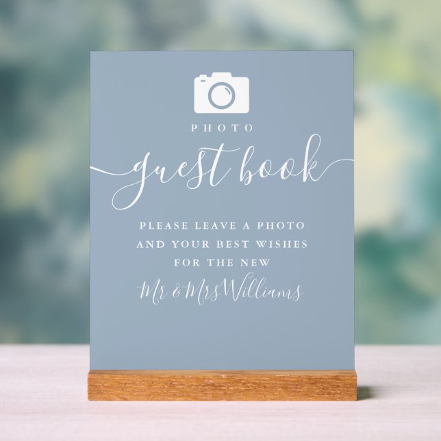 Photo Guest Book Dusty Blue Signature Script Acrylic Sign (Neutral)