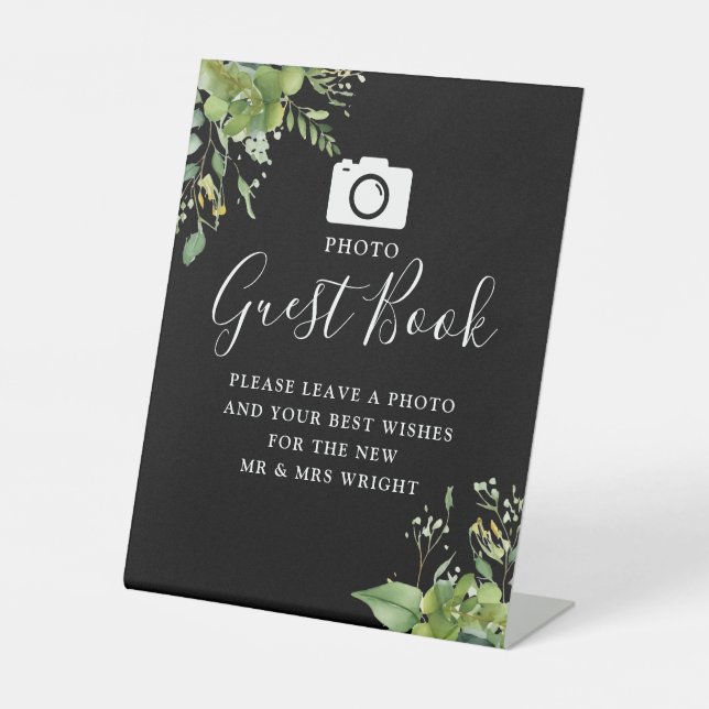 Photo Guest Book Greenery Black And White Wedding Pedestal Sign (Front)