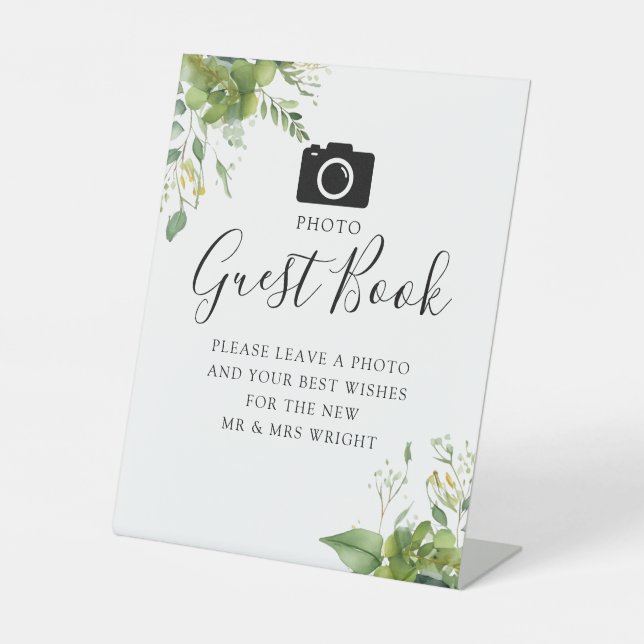 Photo Guest Book Greenery Botanical Wedding Pedestal Sign (Front)