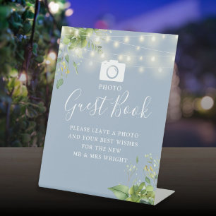 Photo Guest Book Greenery Dusty Blue Wedding Pedestal Sign