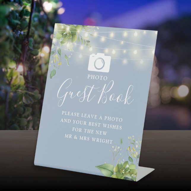 Photo Guest Book Greenery Dusty Blue Wedding Pedestal Sign (Photo Guest Book Greenery Dusty Blue Wedding Pedestal Sign)