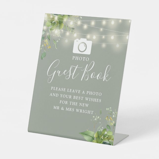 Photo Guest Book Greenery Sage Green Wedding Pedestal Sign (Front)