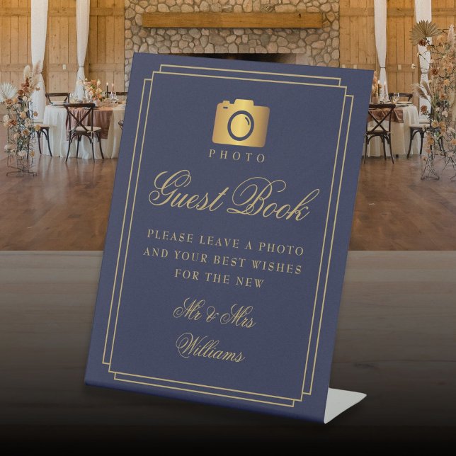 Photo Guest Book Navy Blue And Gold Art Deco Pedestal Sign (Photo Guest Book Navy Blue And Gold Art Deco Pedestal Sign)