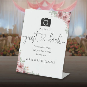 Photo Guest Book Roses Floral Heart Script  Pedestal Sign