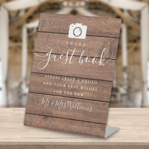 Photo Guest Book Rustic Wood Signature Script Pedestal Sign