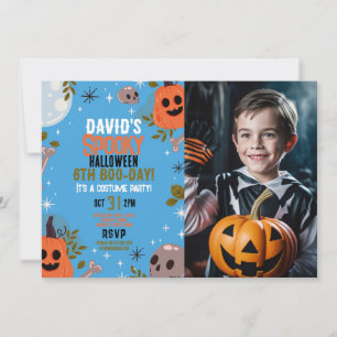 Photo Halloween Birthday Boys Blue Party Invitation