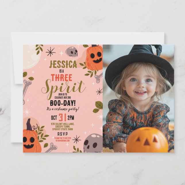 Photo Halloween Birthday THREE Girls Party Ghosts Invitation (Front)