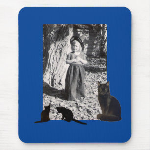 Photo Halloween Costumed Child Black Cats on Blue Mouse Mat