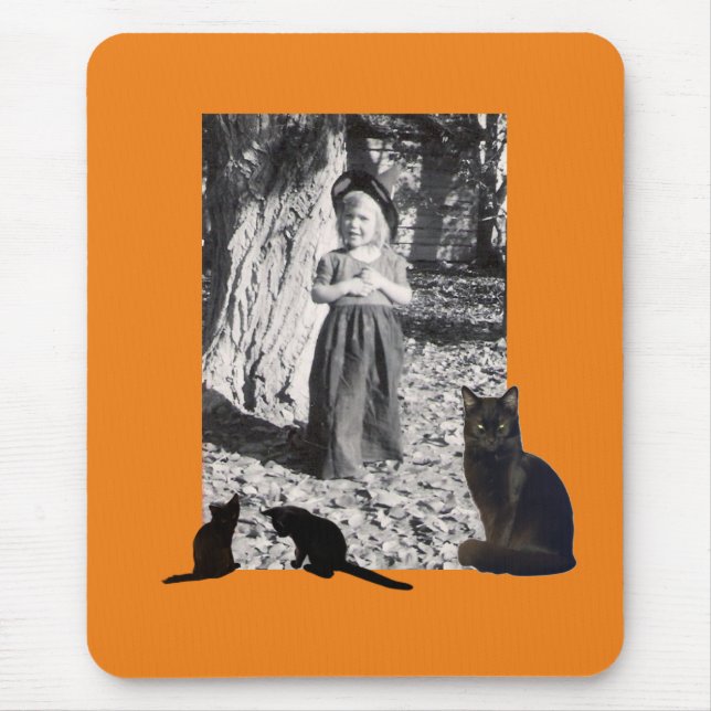 Photo Halloween Costumed Child Black Cats Orange Mouse Mat (Front)