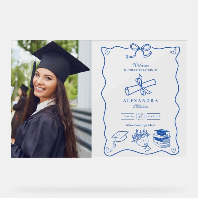Photo Hand Drawn Illustrated Blue Graduation Party Acrylic Sign (Front)