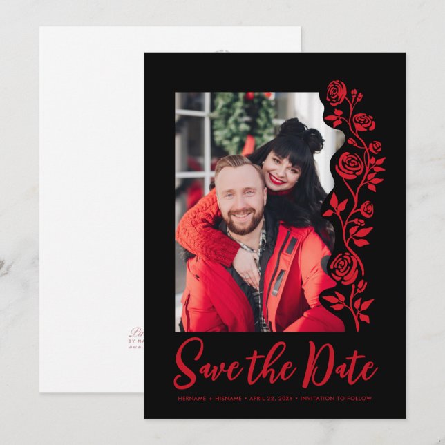 Photo Hand Drawn Red Roses Black Bold Simple Save The Date (Front/Back)