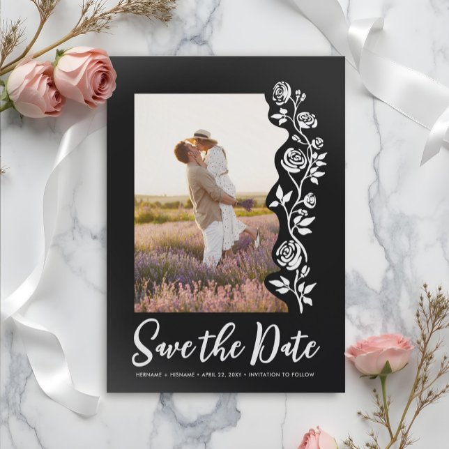Photo Hand Drawn Roses Black White Romantic Simple Save The Date (Creator Uploaded)
