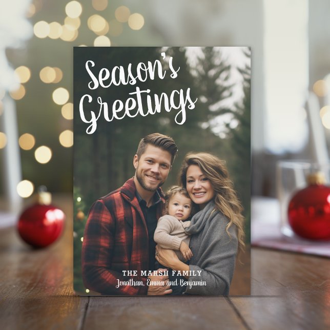 Photo Handwritten Aqua Plaid Season's Greetings Holiday Card (Photo Christmas Card with Vertical Photo Bounce Calligraphy - Print and Download Options Available)