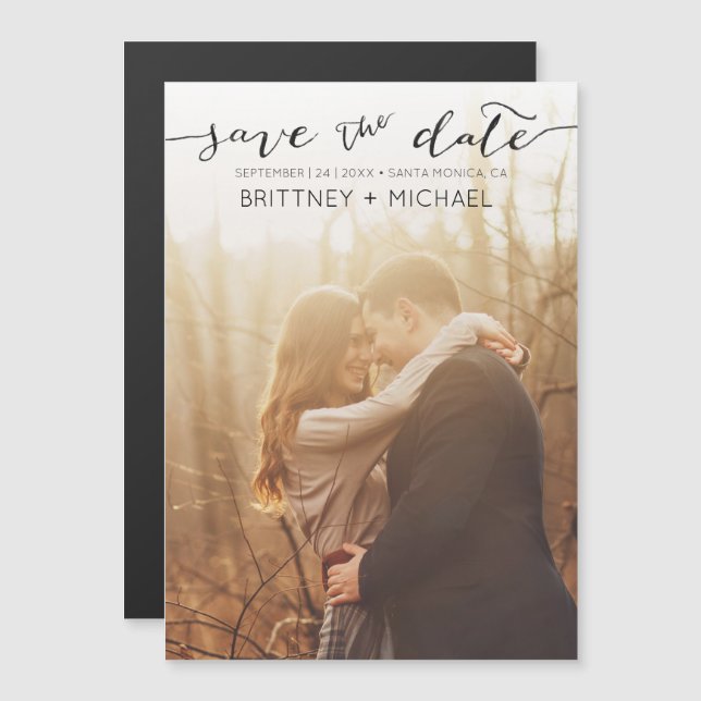 Photo Handwritten Black Save the Date Magnetic Invitation (Front/Back)