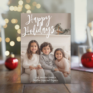 Photo Handwritten Christmas Aqua Plaid Happy Holiday Card