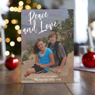 Photo Handwritten Christmas Gold Plaid Peace Love Holiday Card