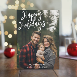 Photo Handwritten Christmas Green Plaid Happy Holiday Card