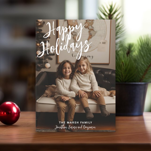 Photo Handwritten Christmas Grey Plaid Happy Holiday Card (Modern Christmas Card with Photos)