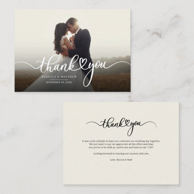 Photo Handwritten Modern Wedding Thank You Card (Front/Back)