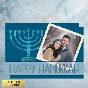 Photo Hanukkah Blue White Gold Menorah Glitter Foil Holiday Card