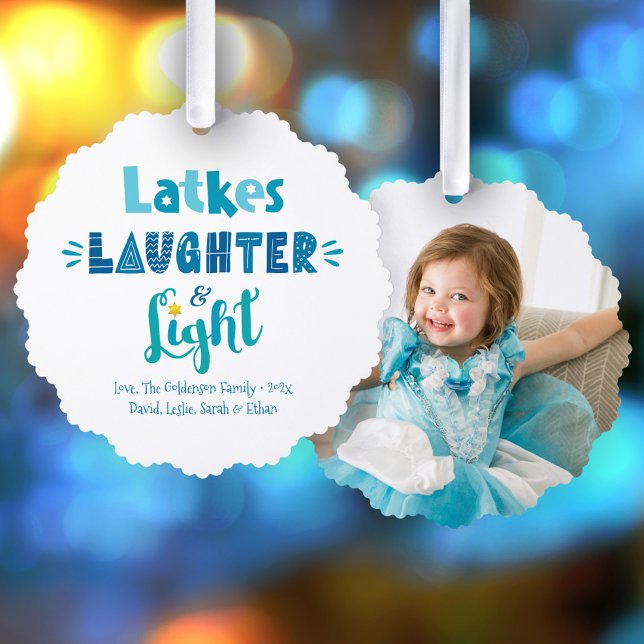 Photo Hanukkah Latkes Laughter Light Typography Tree Decoration Card (Creator Uploaded)