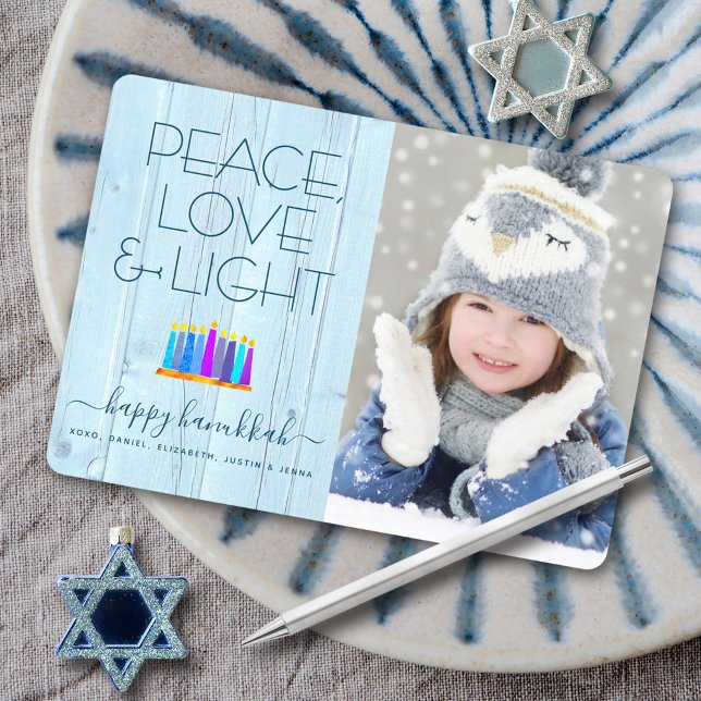 Photo Hanukkah Menorah Peace Love Light Rustic Holiday Card (Creator Uploaded)