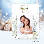 Photo, Happiest Holidays Elegant Winter Greenery Holiday Card<br><div class="desc">Personalize this beautiful holiday card with your own photograph! Design with gorgeous winter greenery framing your photograph in blue and green hues and "wishing you the Happiest Holidays" phrase in faux golden foil. Elegant and simple design. Back with greenery details. Part of our "Happiest Holidays Winter Greenery" collection with a...</div>
