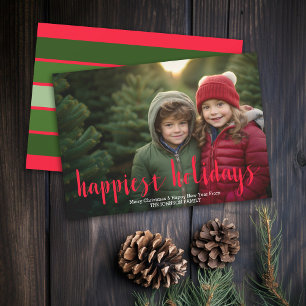 Photo - Happiest Holidays Modern Script - Stripe Holiday Card