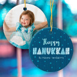 Photo Happy Hanukkah Fun Typography Star of David  Ceramic Tree Decoration<br><div class="desc">“Happy Hanukkah.” Fun, whimsical handcrafted typography along with a random Star of David pattern in light dusty blues all overlaying midnight navy blue hand drawn lines and a dark teal blue background help you usher in the festival of lights. The photo or your choice adorns the back. Feel the warmth...</div>
