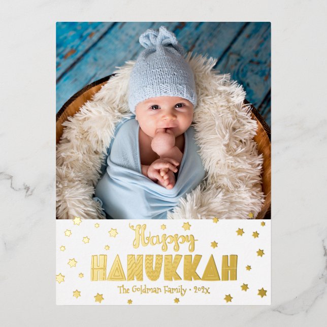 Photo Happy Hanukkah Modern Whimsical Real Gold Foil Holiday Postcard (Front)