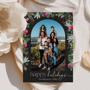 Photo Happy Holidays Dark Grey Pink Greenery Arch Holiday Card