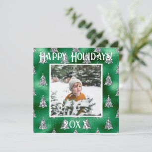 Photo Happy Holidays Green Metallic Glitter Holiday Card