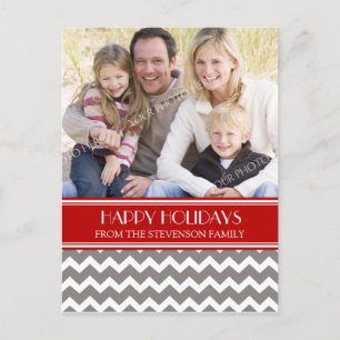 Photo Happy Holidays Postcard Red Grey Chevron