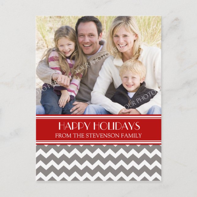 Photo Happy Holidays Postcard Red Grey Chevron (Front)