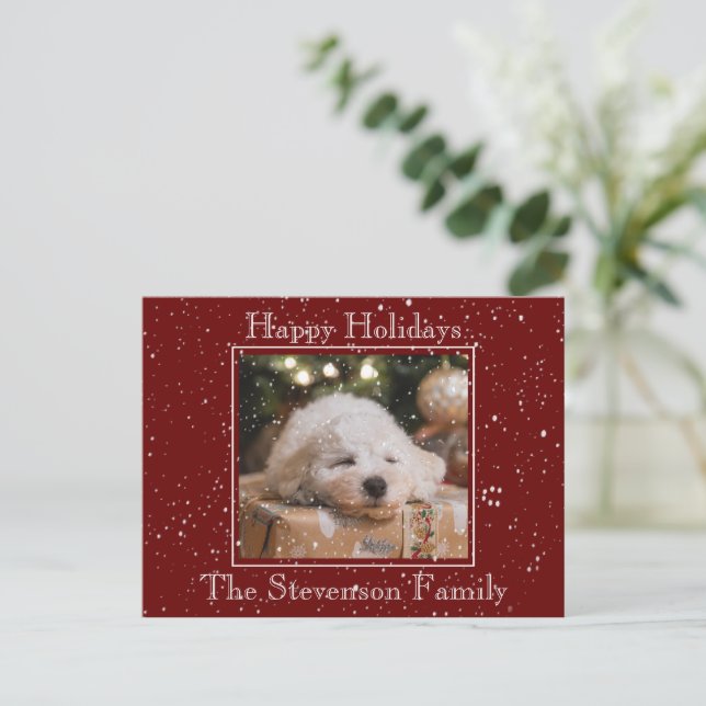 Photo Happy Holidays Snow Overlay Budget Red Holiday Postcard (Standing Front)