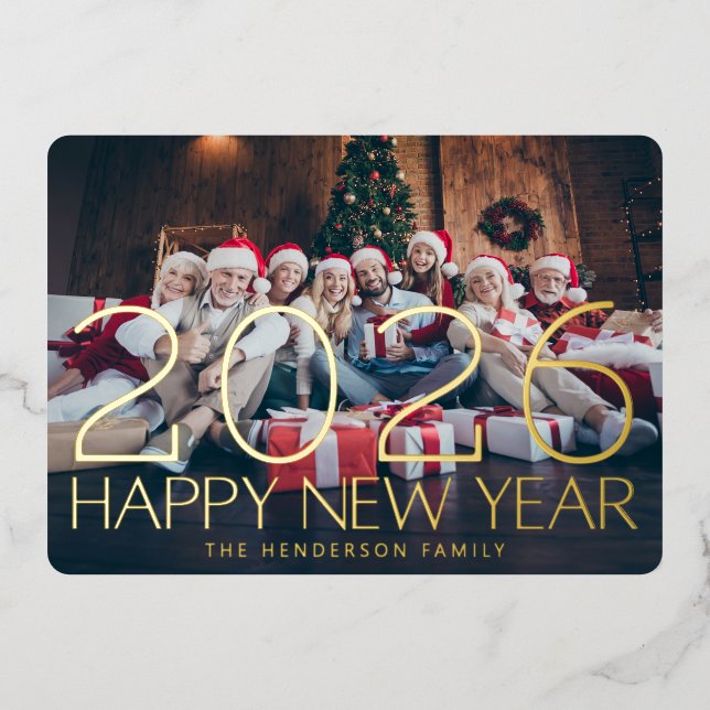 PHOTO HAPPY NEW YEAR 2026 GOLD FIREWORKS FOIL HOLIDAY CARD (Front)