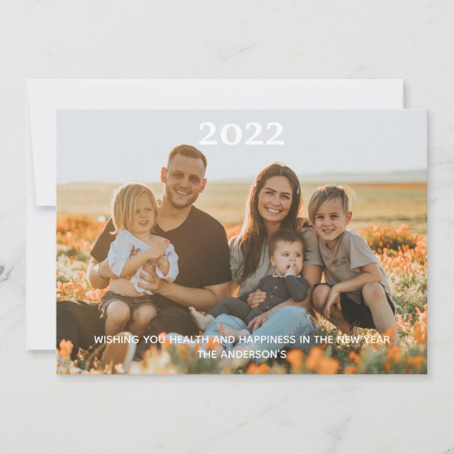 Photo Happy New Year Personalised White Typography Holiday Card (Front)