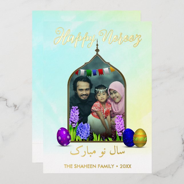 Photo Happy Norooz Pastel Mint Flower Colourful Eg Foil Holiday Card (Front/Back)