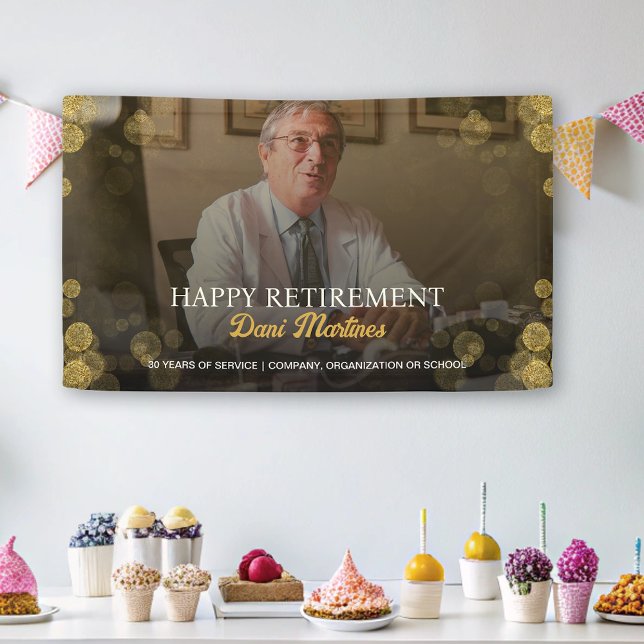 Photo Happy Retirement Party Gold Confetti  Banner (Photo Happy Retirement Party Gold Confetti Banner)